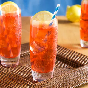 Two glasses of Sloe Gin Fizz, each garnished with a round lemon slice, ice cube, and a straws, are placed on a tray