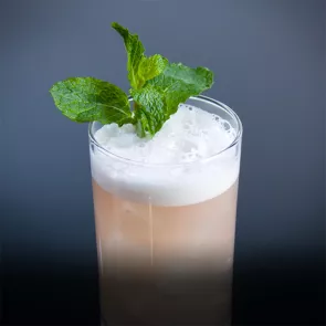 A glass of The Money Maker garnished with mint leaves.