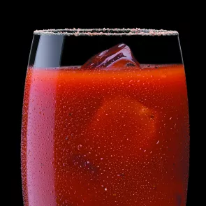 a glass of Bloody Mark with ice cubes