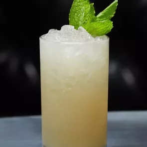 A highball glass of Mai Tequila garnished with mint sprigand ice.